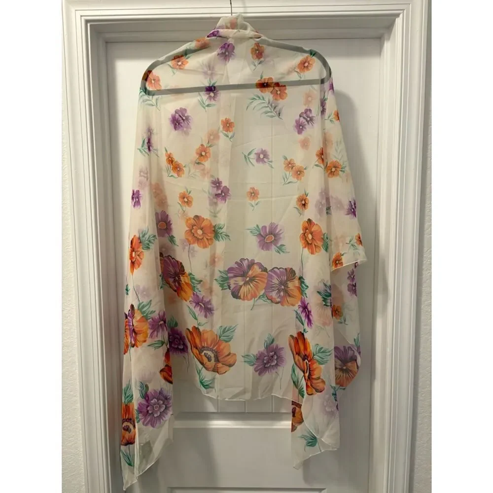 VTG Bijoux Terner Floral Kimono Wrap Scarf in Cream with Orange & Purple Flowers